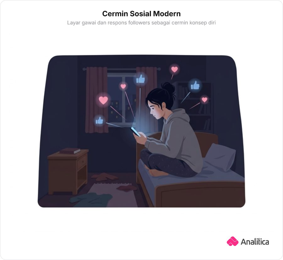 Ilustrasi seorang remaja duduk di kamar temaram menatap layar ponsel dengan simbol likes mengambang
