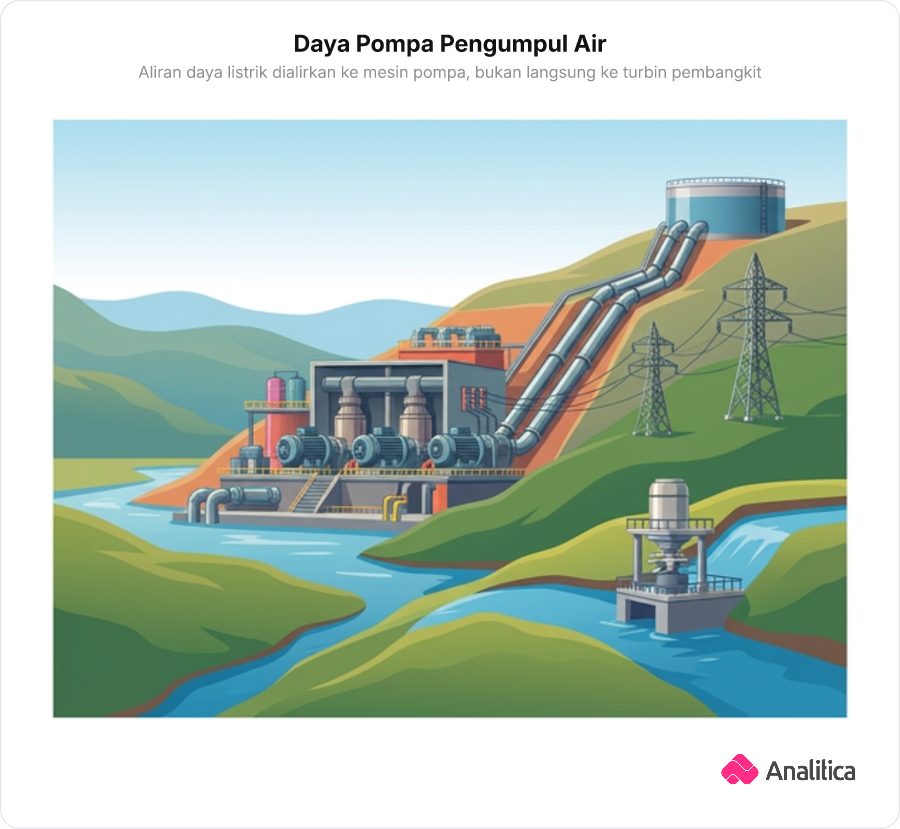 Ilustrasi analogi pompa air bertenaga listrik yang memompa air ke waduk atas bukit tanpa terhubung ke turbin penghasil energi