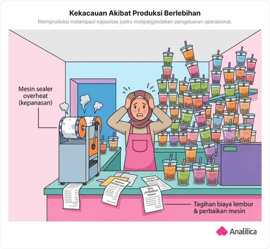 Ilustrasi kedai boba yang kewalahan akibat produksi berlebihan melebihi kapasitas optimal