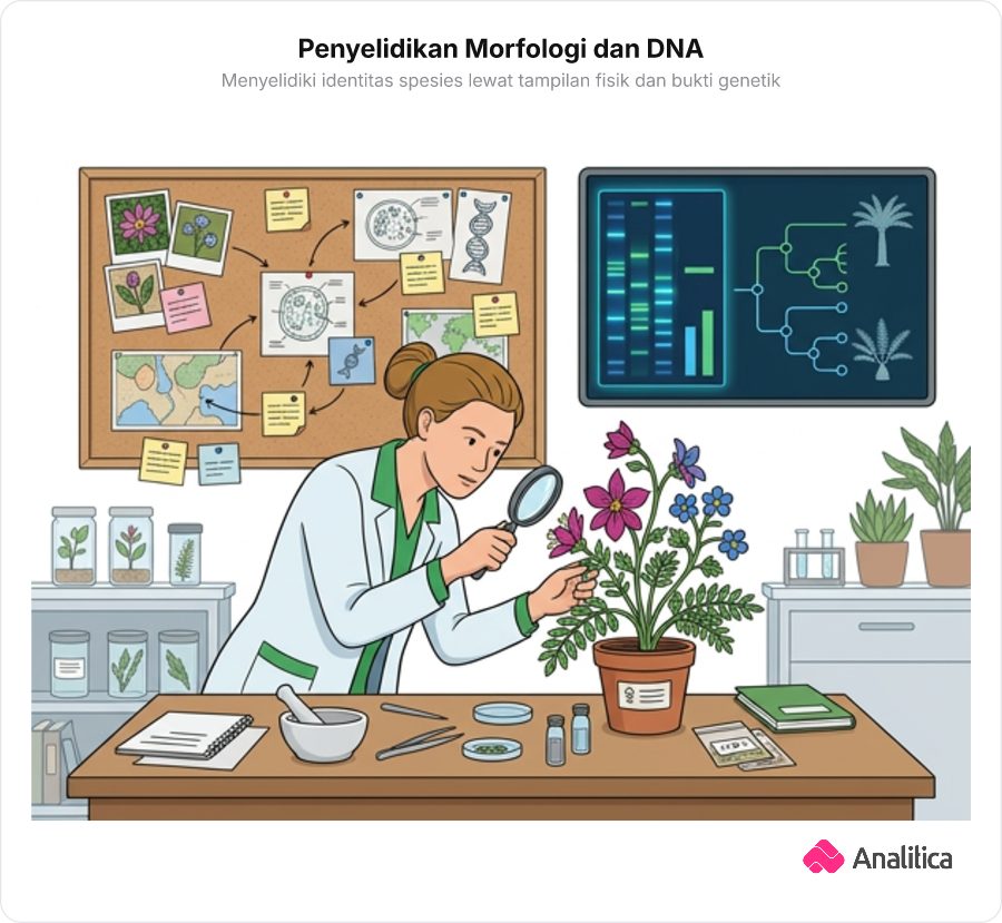 Ilustrasi peneliti mengamati bunga spesimen dengan kaca pembesar berlatar bagan analisis pita DNA.