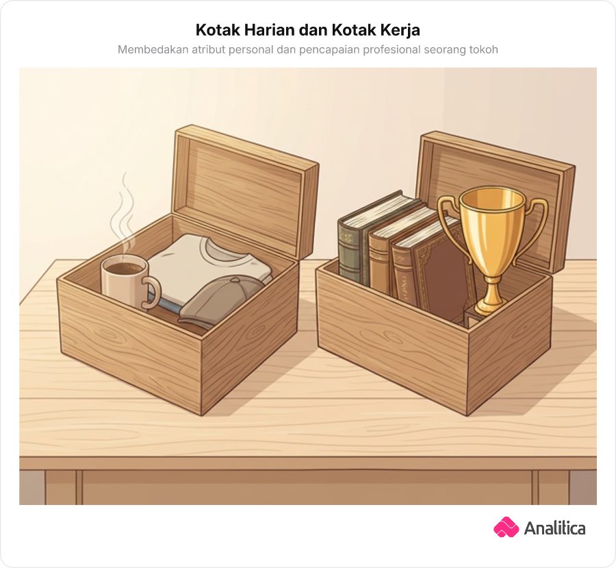 Ilustrasi dua kotak terbuka yang menyortir atribut personal berupa cangkir dan pakaian santai dengan pencapaian profesional berupa tumpukan buku dan piala.