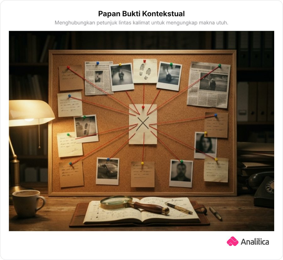 Papan investigasi detektif dengan foto dan catatan bukti yang terhubung benang merah menuju satu kesimpulan utuh.