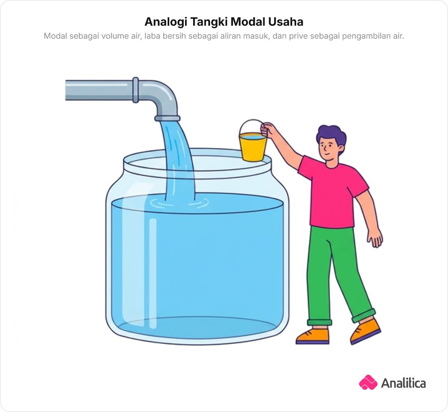 Ilustrasi sebuah tangki air transparan yang diisi dari pipa atas dan diciduk menggunakan ember.