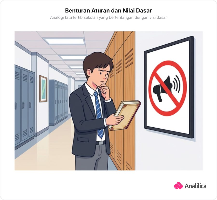 Ilustrasi seorang siswa di lorong sekolah tampak ragu sambil memegang buku panduan visi-misi sekolah, di samping poster aturan larangan protes yang terpasang di dinding sekolah.