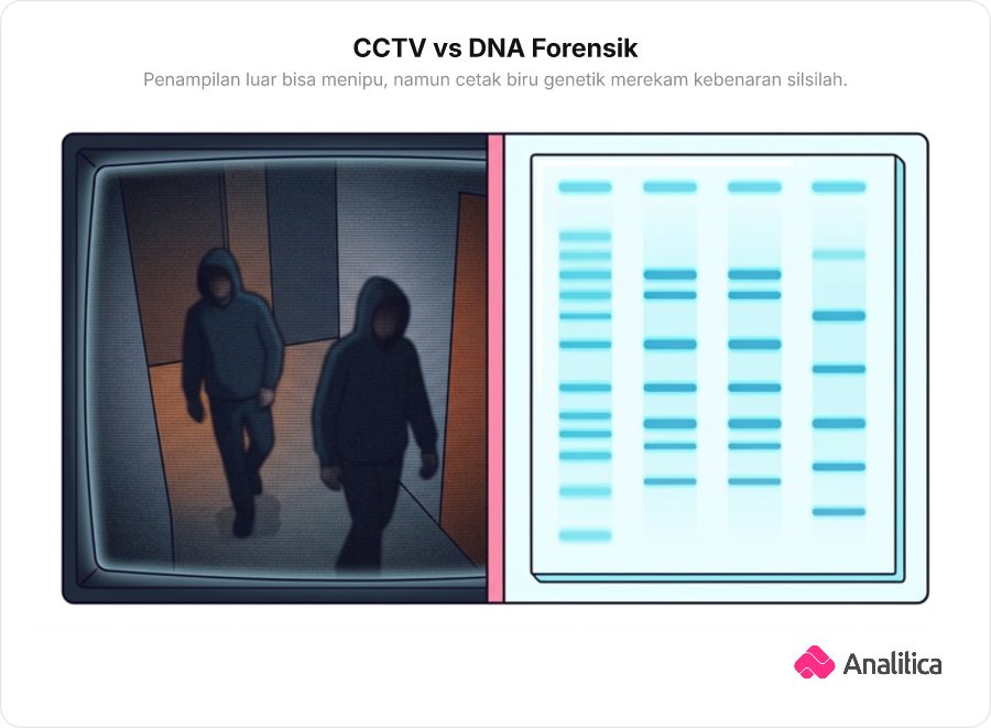 Ilustrasi perbandingan bukti CCTV buram di sebelah kiri dan hasil analisis pita DNA forensik yang presisi di sebelah kanan.