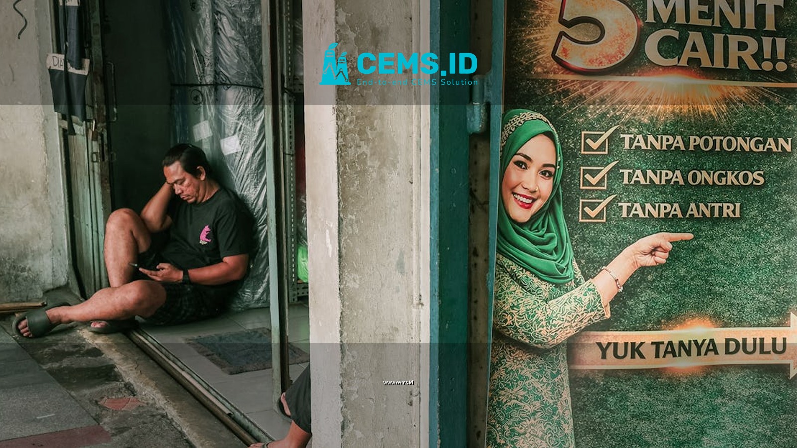 Street photograph in Bandung featuring a diverse marketing poster and a resting man.