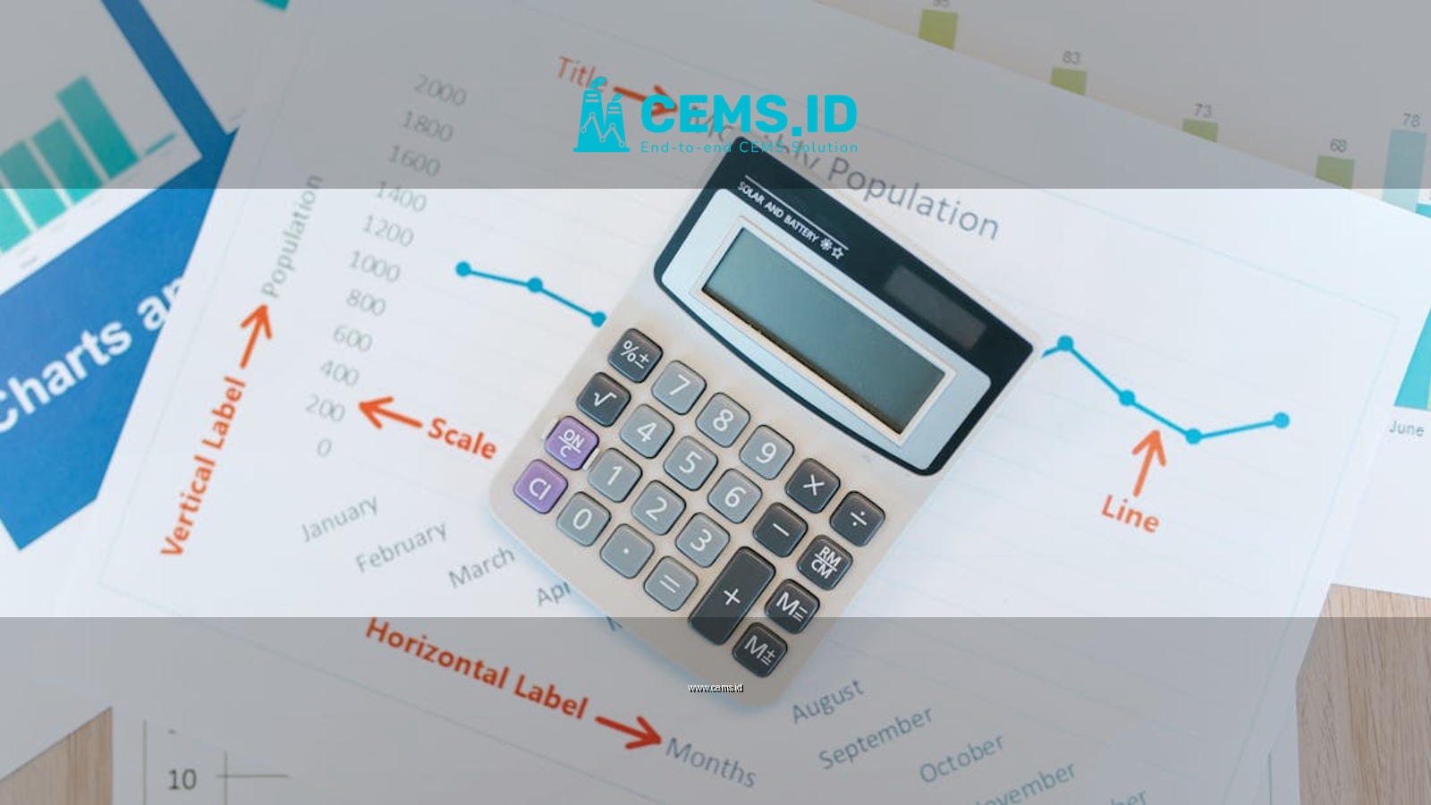 Calculator placed on financial graphs and reports showcasing data analysis and business documentation.