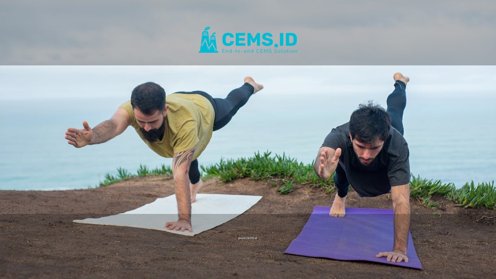Two men practicing yoga poses on mats by the ocean, promoting fitness and well-being.