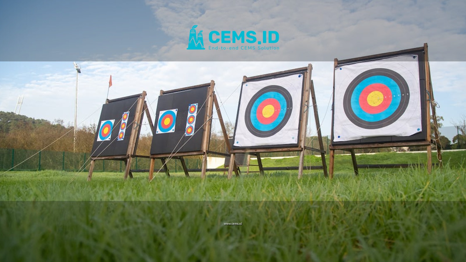 View of archery targets set up on a lush green field with a clear sky.