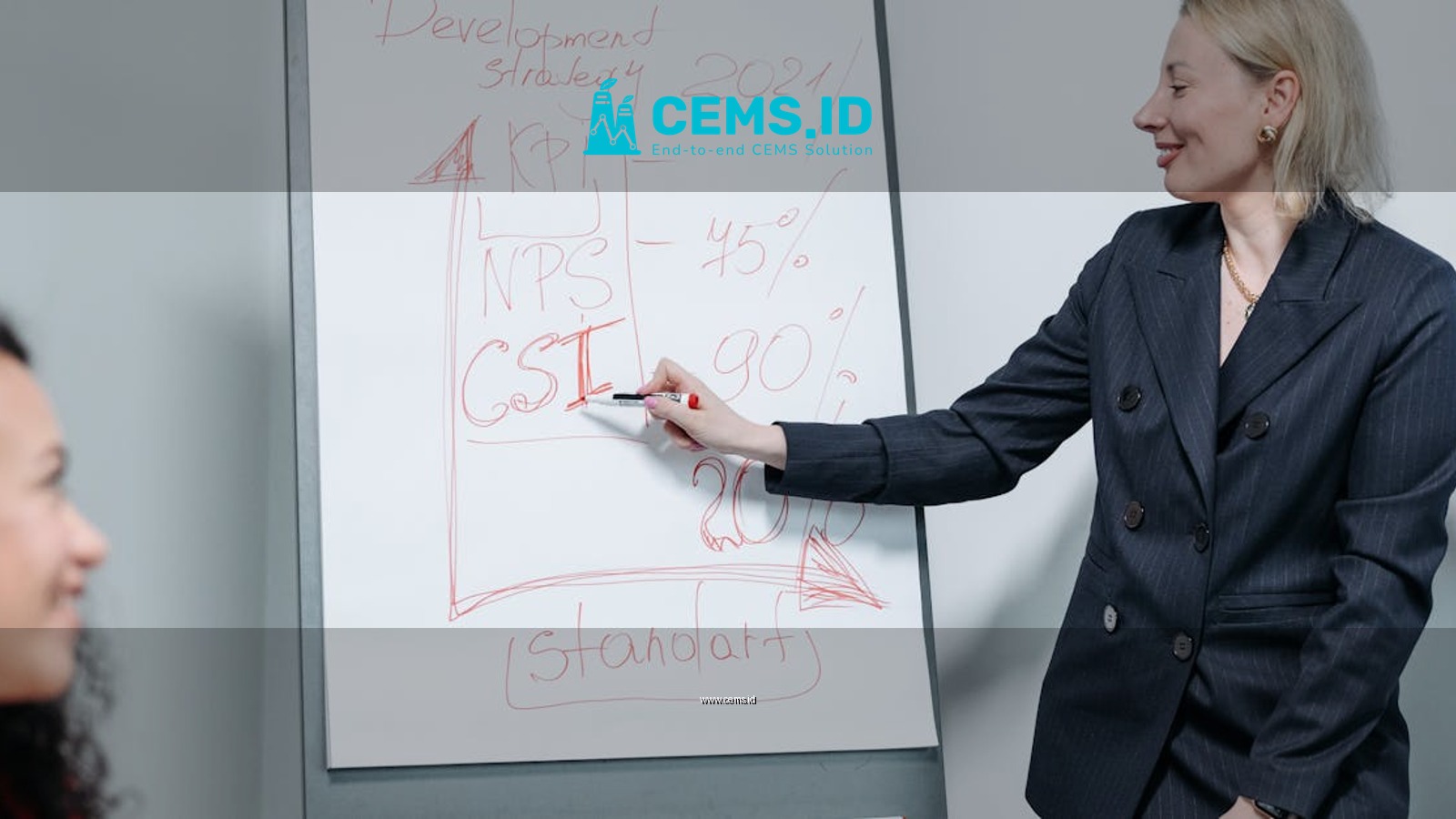 Professional woman delivering a business presentation on market strategy metrics indoors.