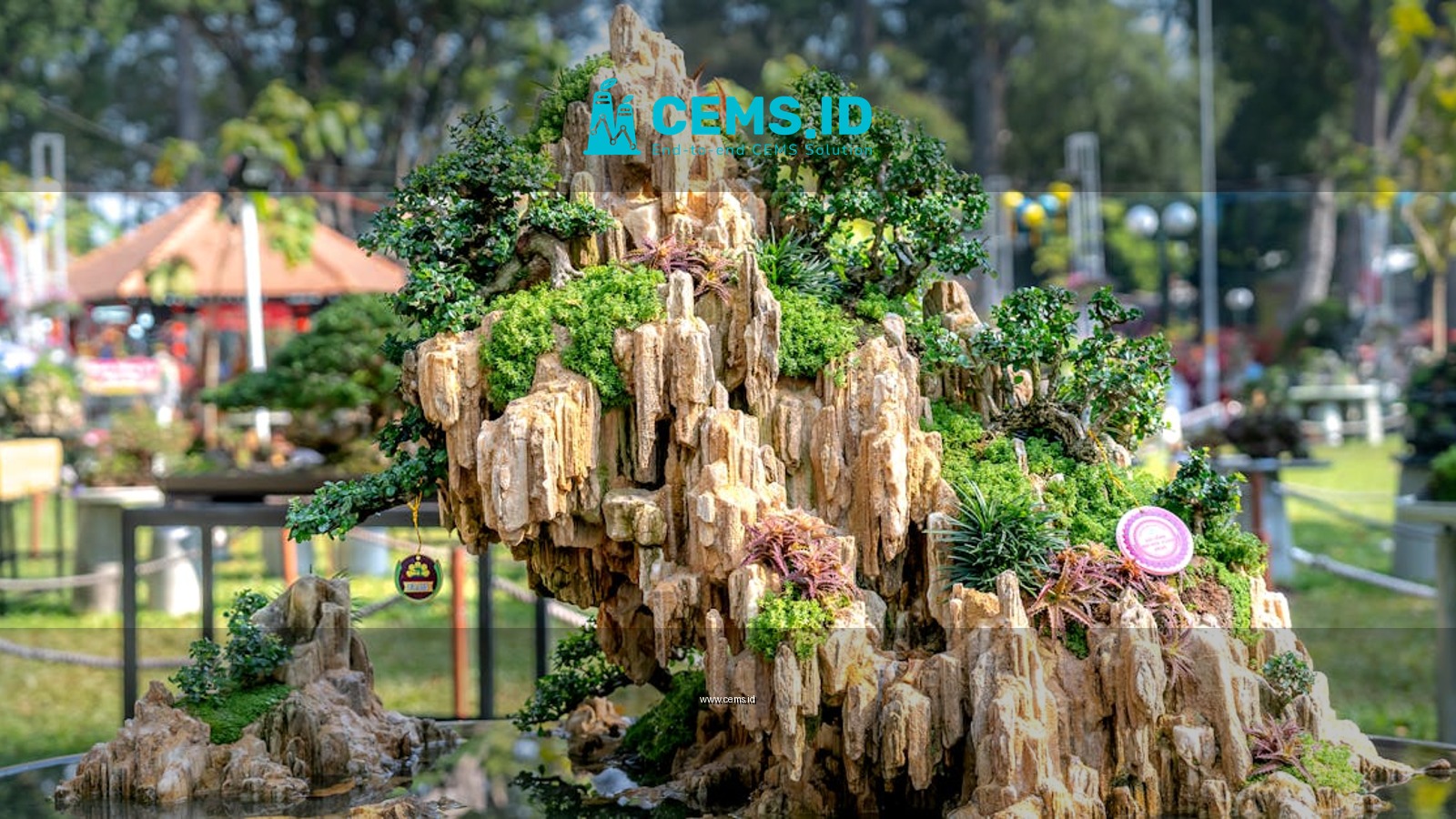 Miniature landscape model showcasing detailed rocky formations and trees in a Vietnamese park setting.