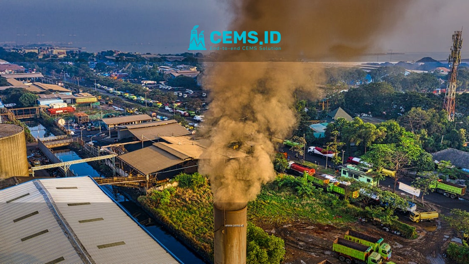 Aerial photograph showcasing air pollution from a factory in Jakarta, Indonesia.
