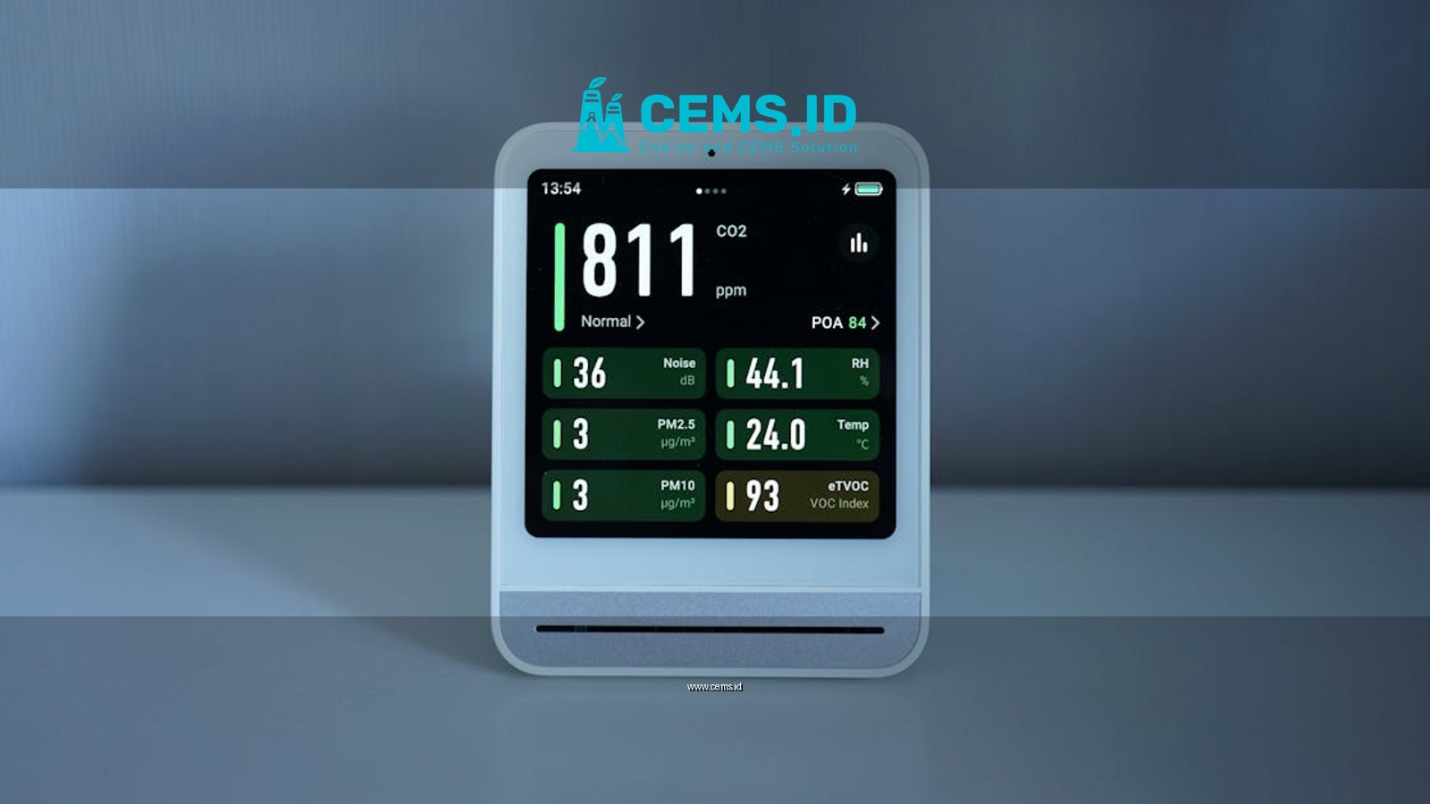 Close-up of a digital air quality monitor showing CO2 and PM2.5 levels indoors.