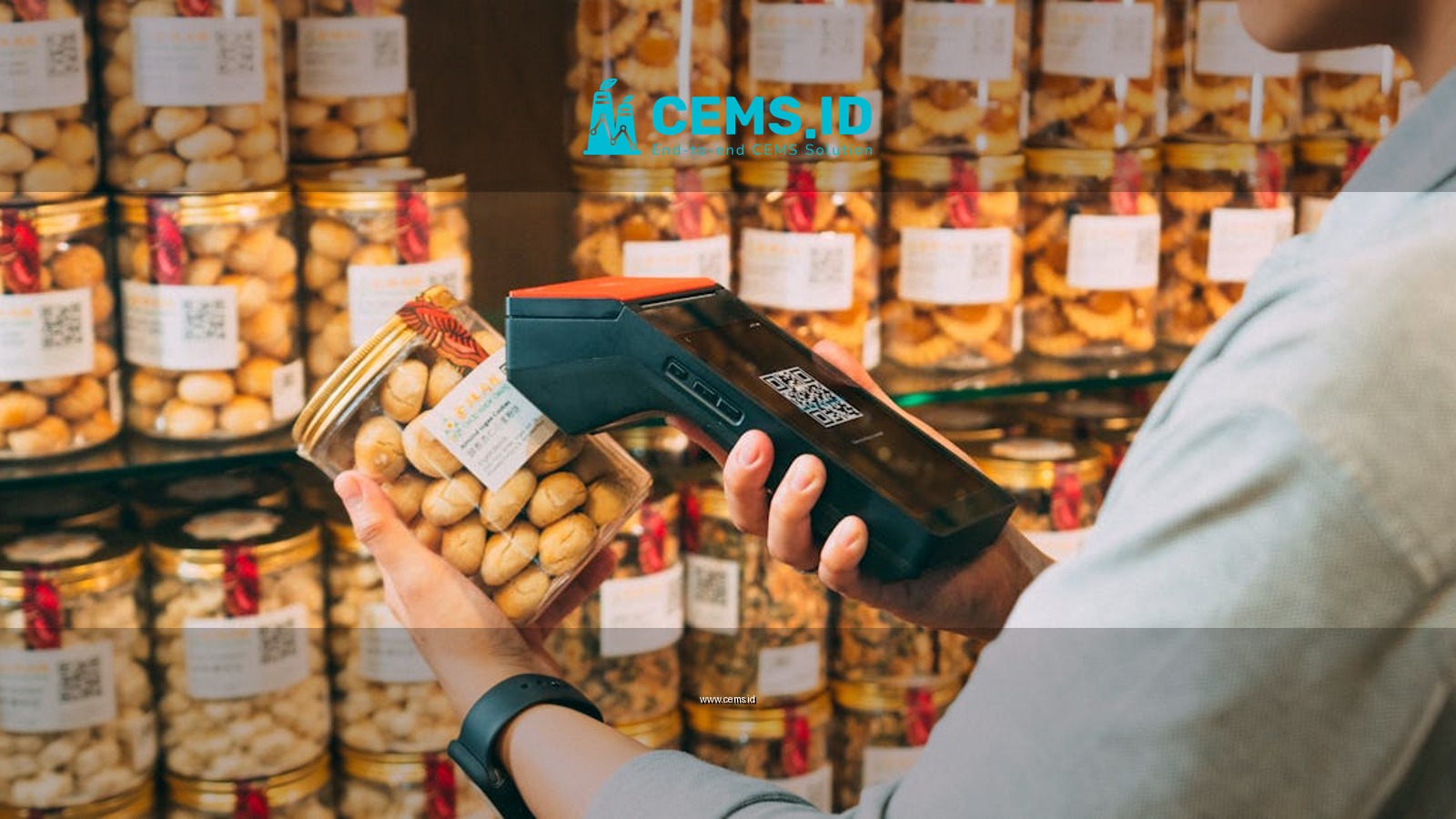 Individual scanning QR codes on jars in a store with a handheld device.