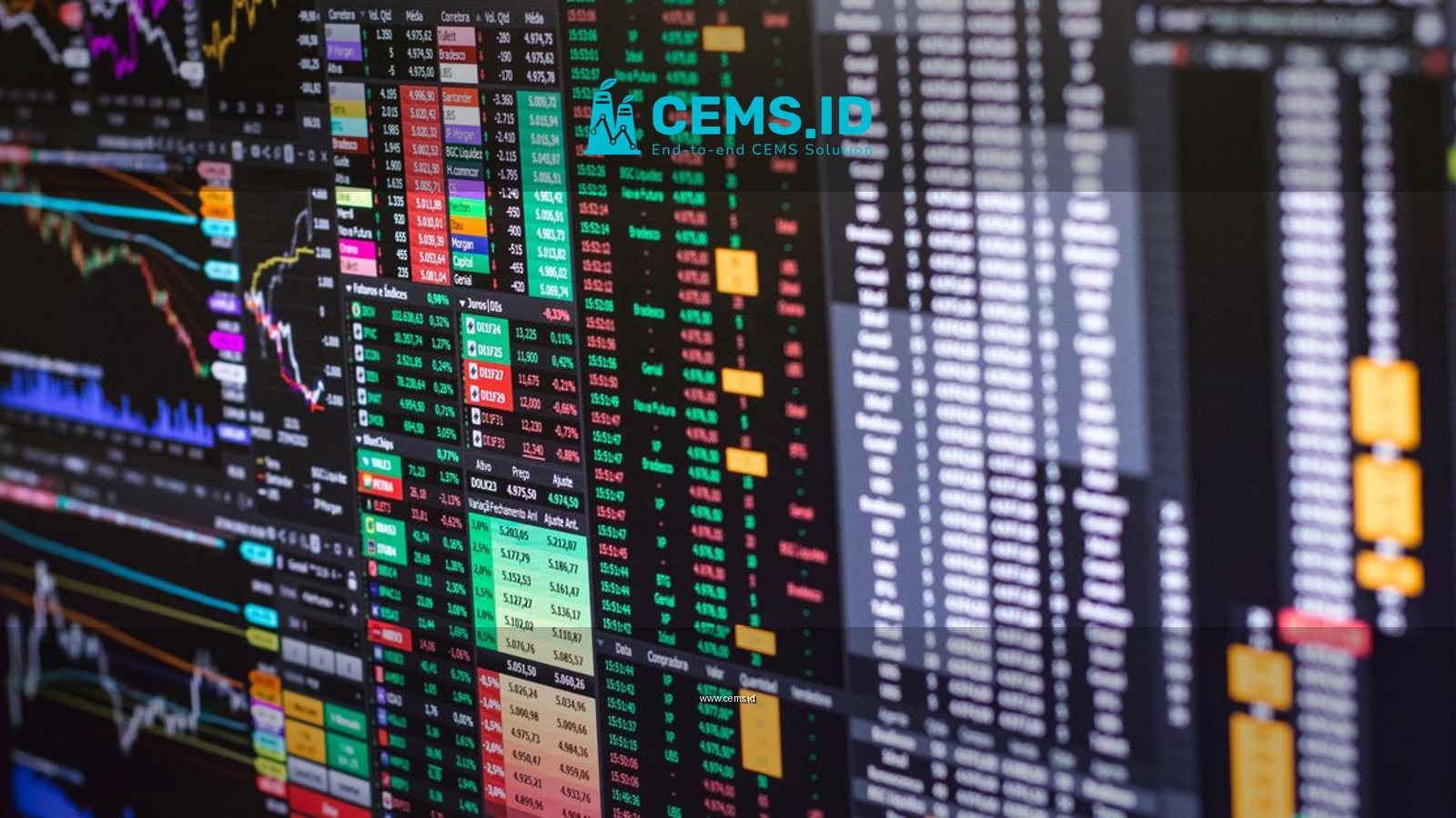 Detailed financial trading screen with colorful charts and data representing market fluctuations.