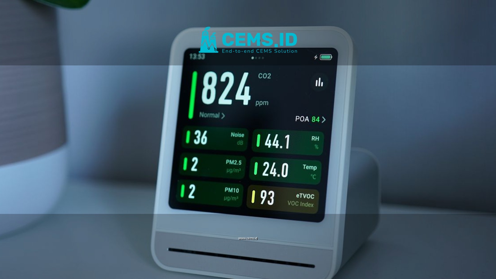 Close-up of a digital air quality monitor displaying CO2, PM2.5, and temperature readings.