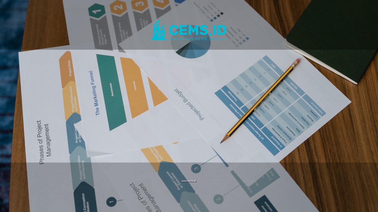 Overhead view of project management documents and charts on a desk with a pencil.