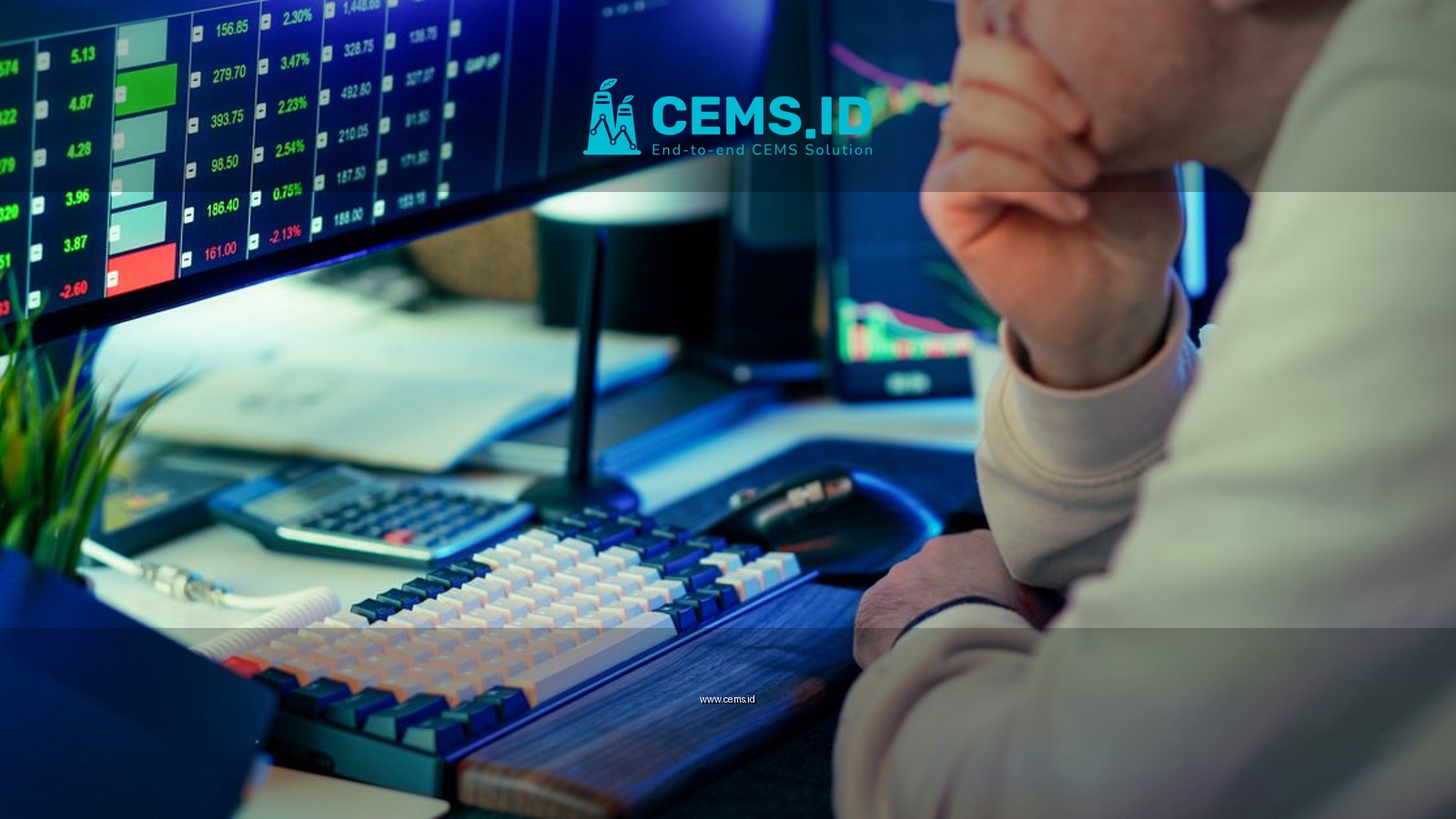 A stock trader intensely analyzing financial market data displayed on multiple screens in a modern office.