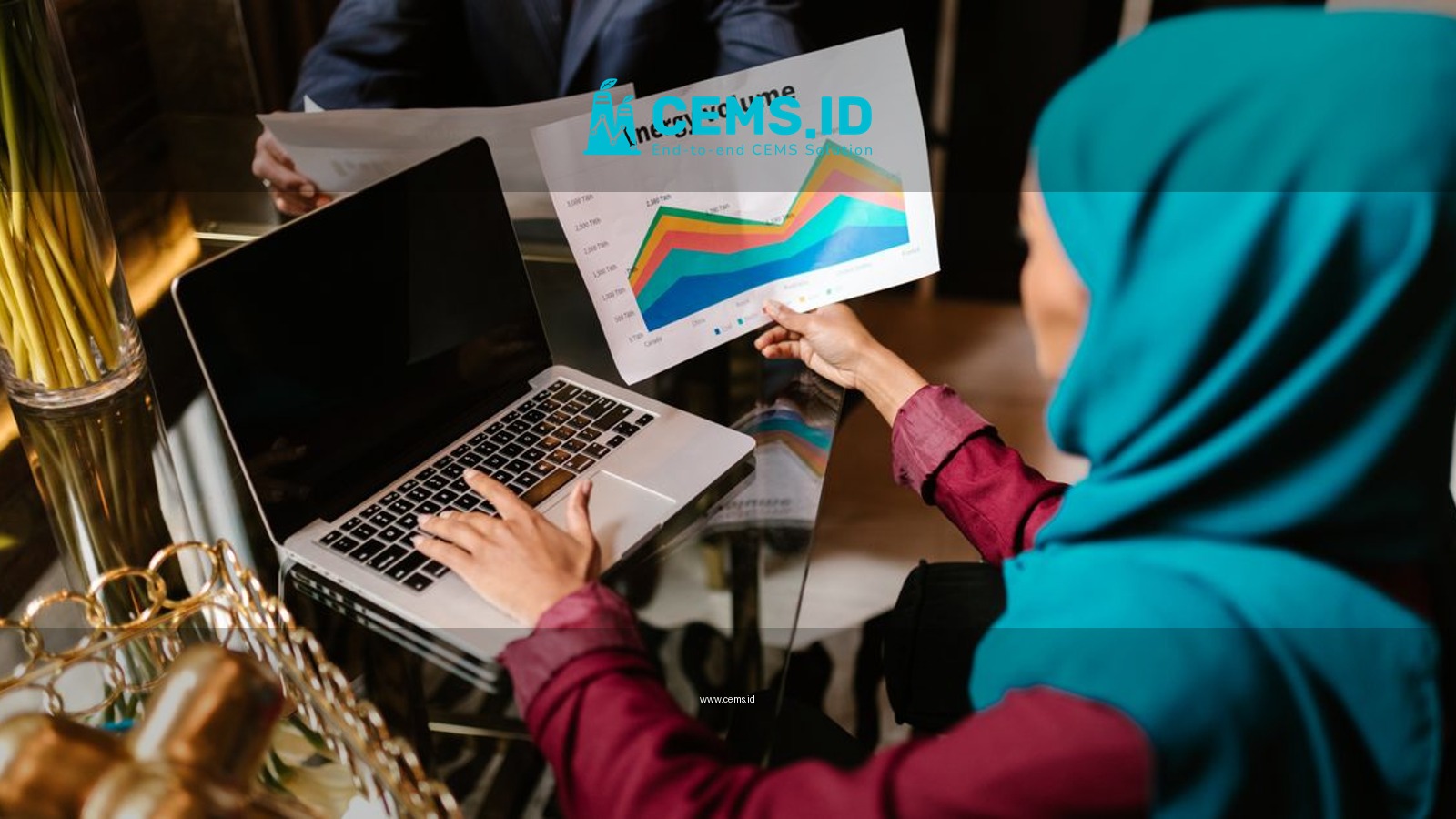 Muslim woman analyzing energy volume data during a business meeting.