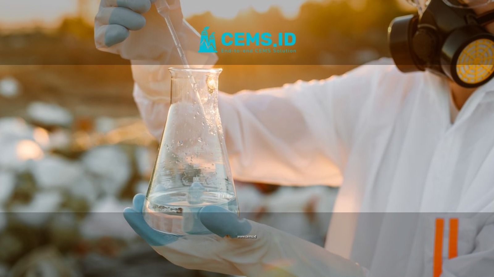 Researcher in protective suit with Erlenmeyer flask outdoors at sunset.