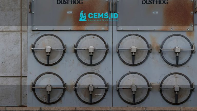 Close-up of a Dust-Hog industrial dust collector with six rusty filtration units.