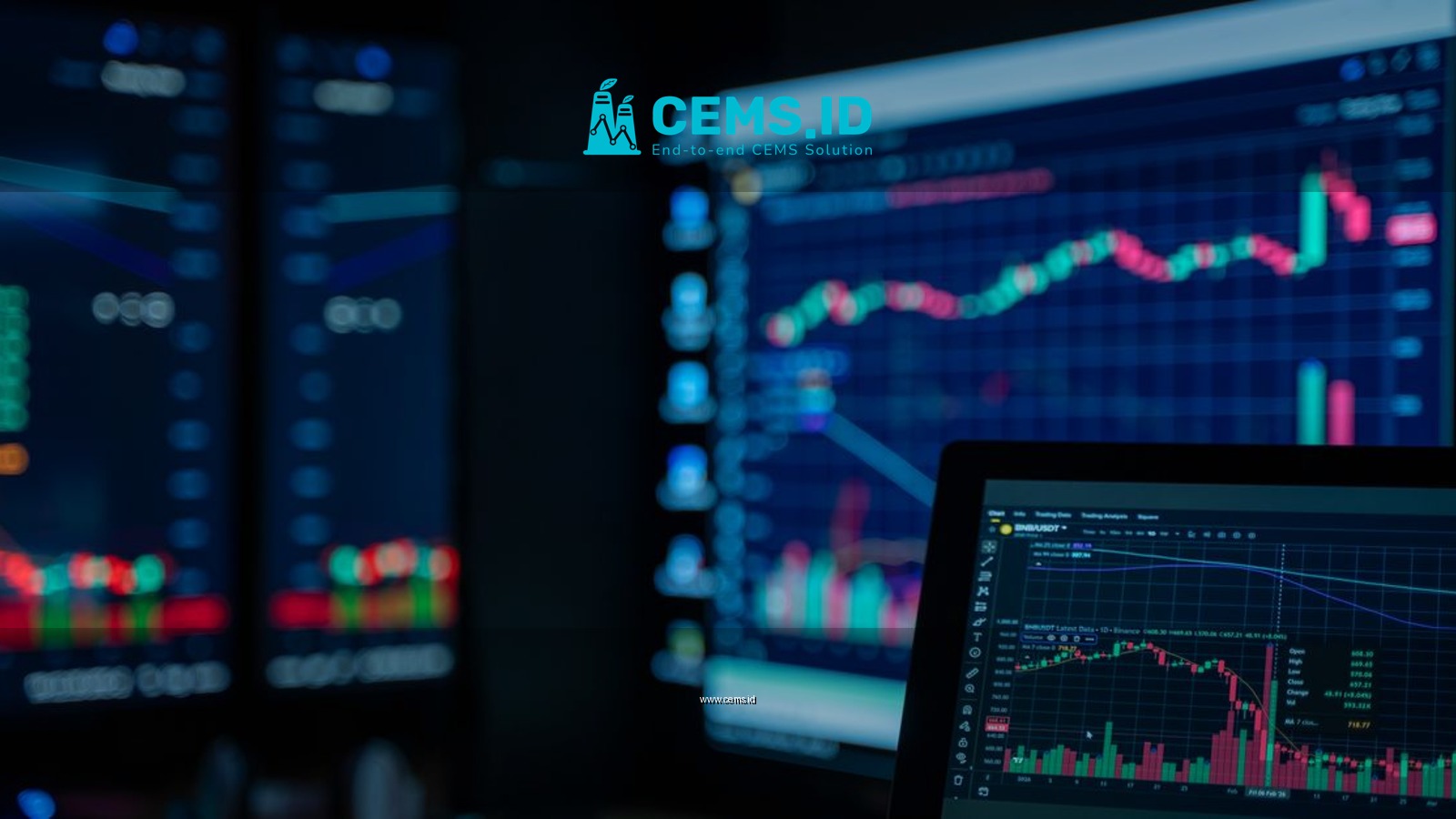 Monitors displaying stock market charts in a dimly lit room, perfect for finance and trading themes.