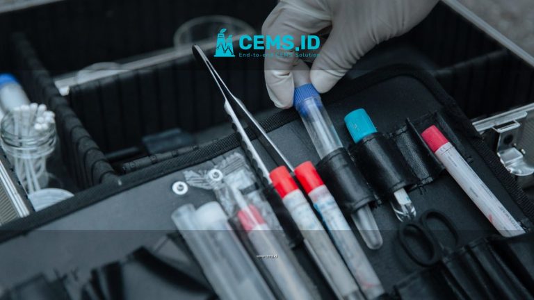 Gloved hand handling test tube in forensic equipment case at crime scene.