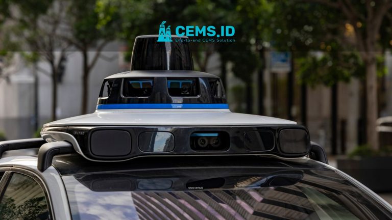 Detailed view of sensors atop an autonomous car, showcasing advanced technology in an urban setting.