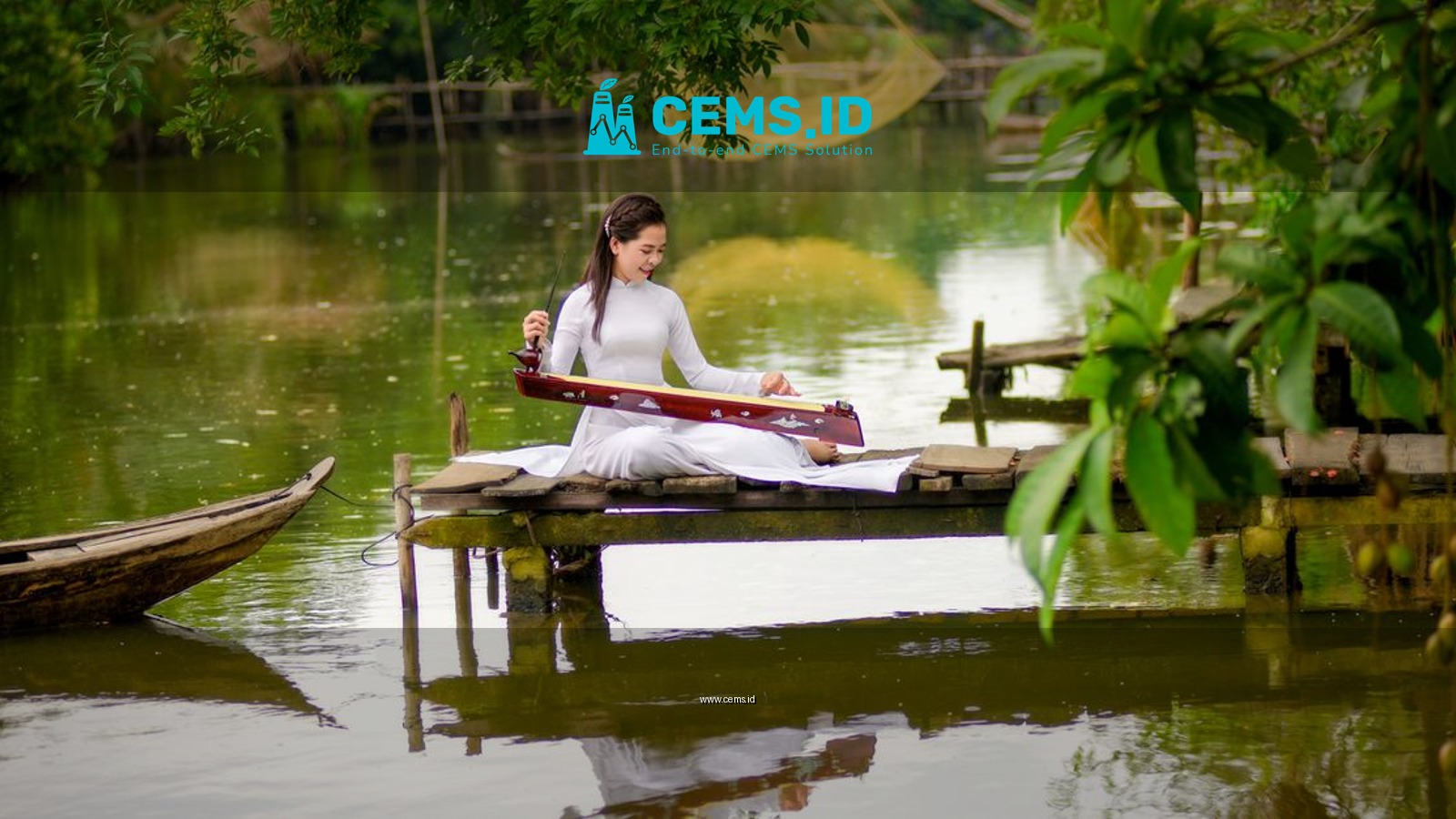 Woman in white dress playing a stringed instrument by a tranquil river.
