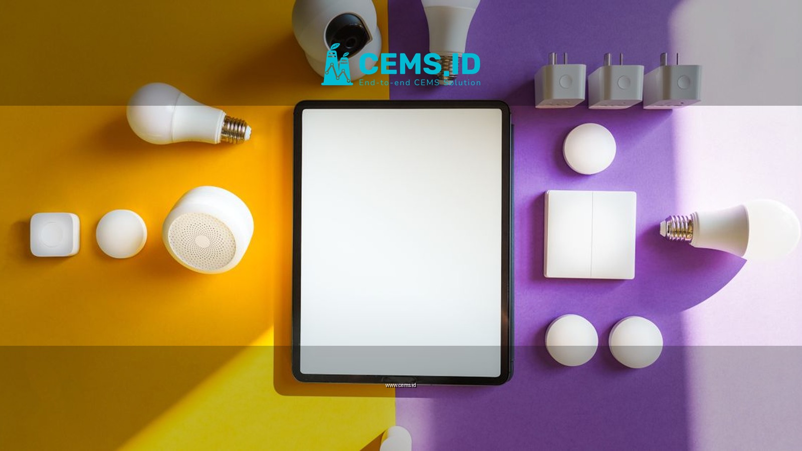 Top view of smart home devices and tablet on split yellow and purple background.