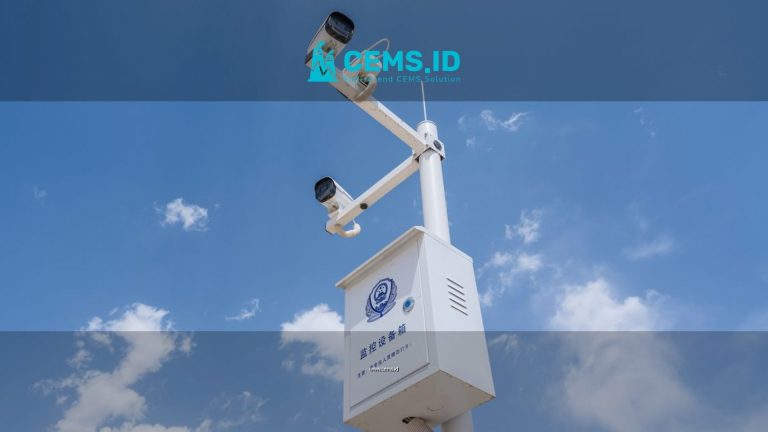 White security cameras mounted on a pole against a bright blue sky with fluffy clouds.
