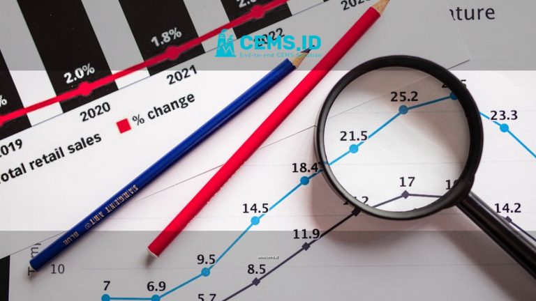 Magnifying glass and colored pencils on financial trend graphs highlighting sales growth.