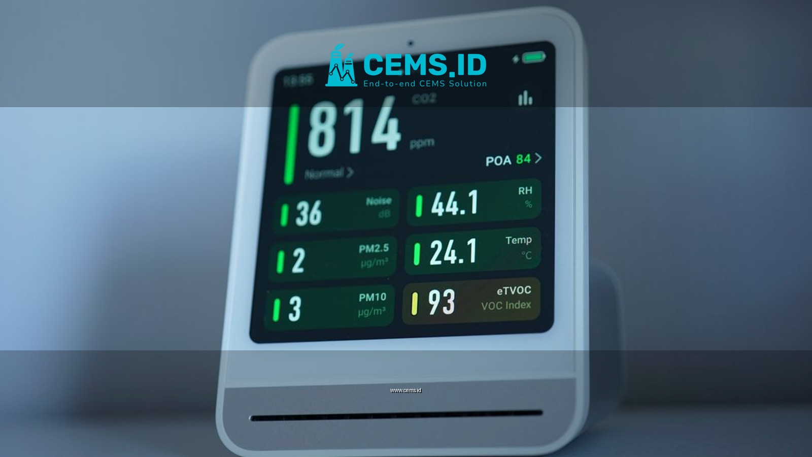 A sleek air quality monitor showing CO2 and other air metrics, ideal for smart homes.