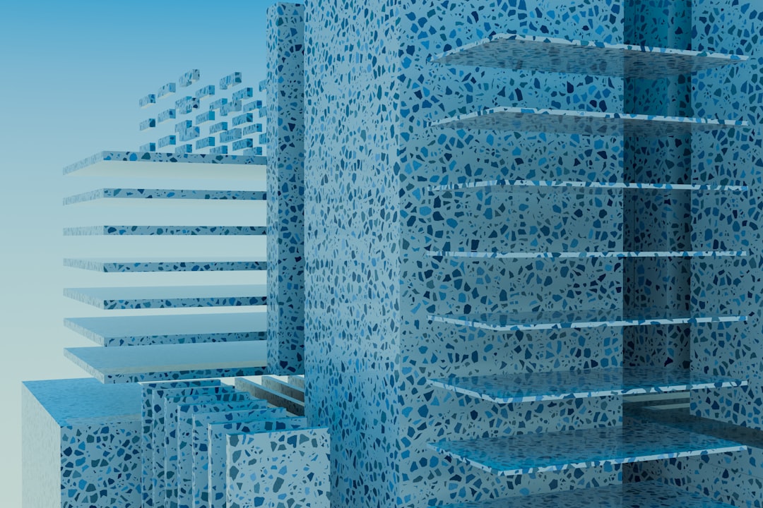 A computer generated image of a shelf in the middle of a room