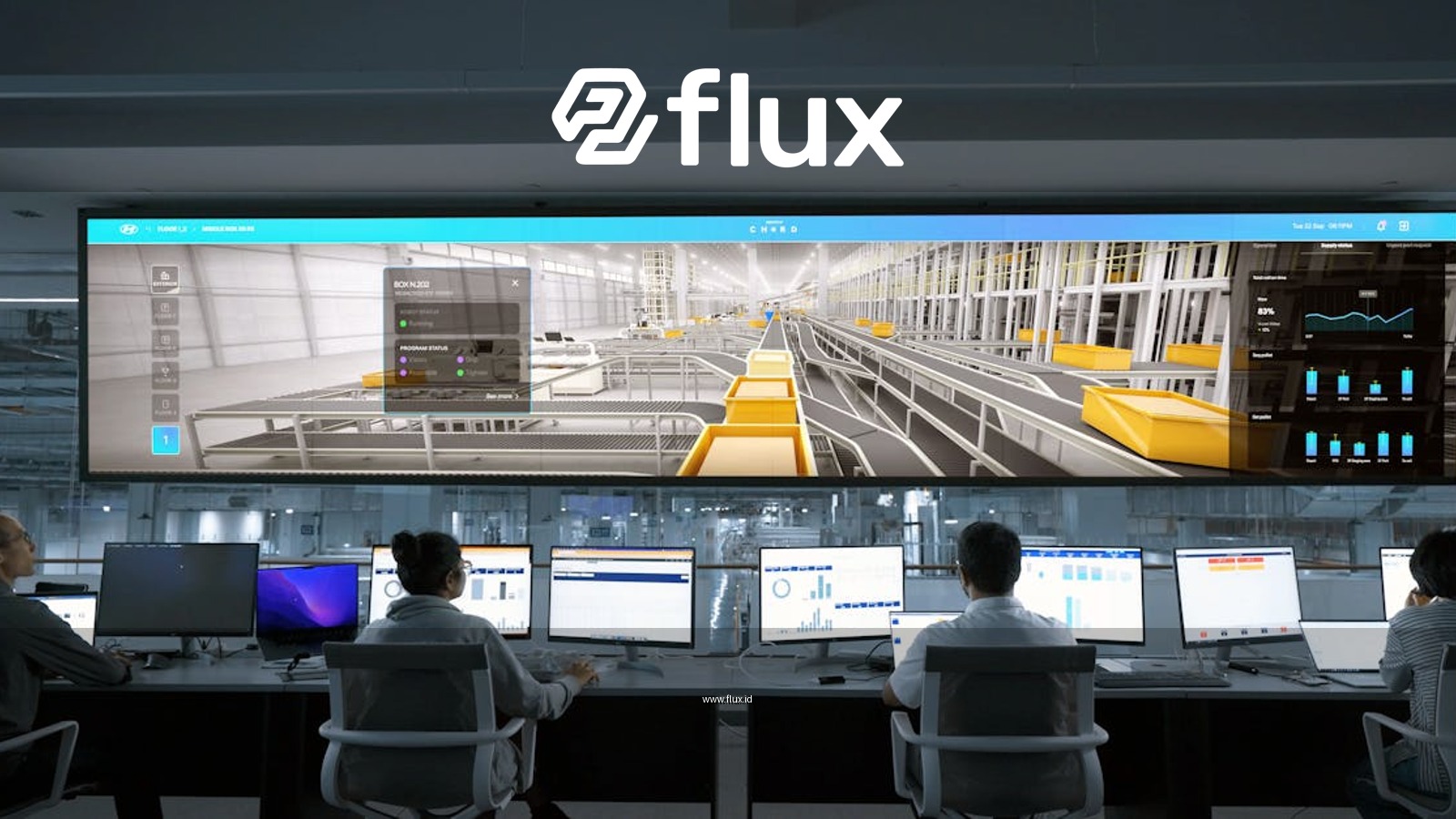 Modern control room with people monitoring large digital displays and computer systems.