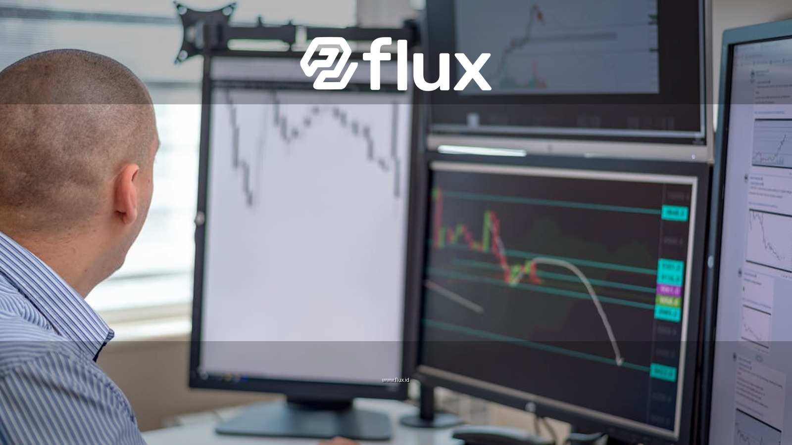 Trader analyzing financial data on multiple monitors in an office setting.