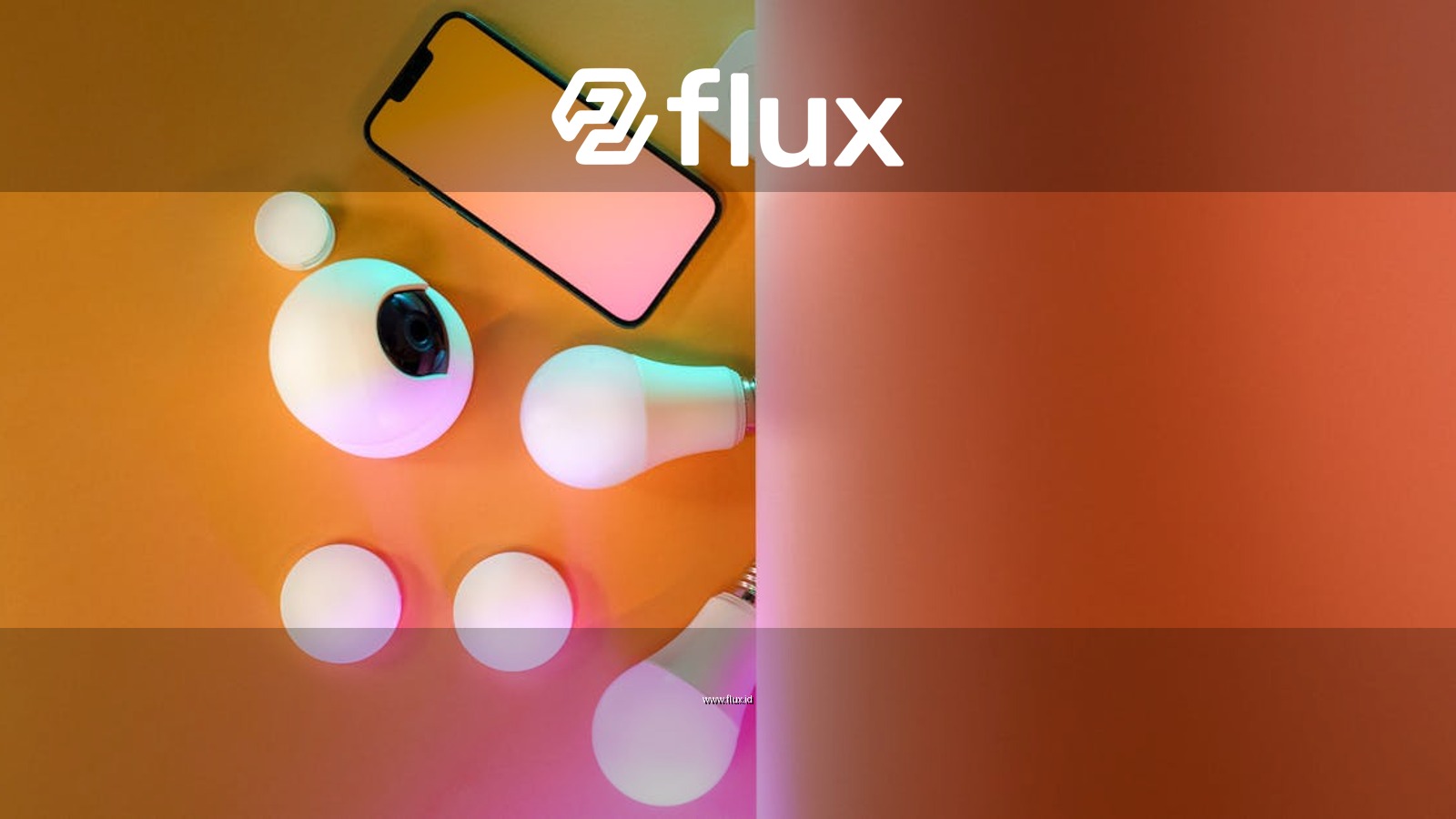 Top view of smart home gadgets including smartphone, camera, and light bulbs in a colorful setup.