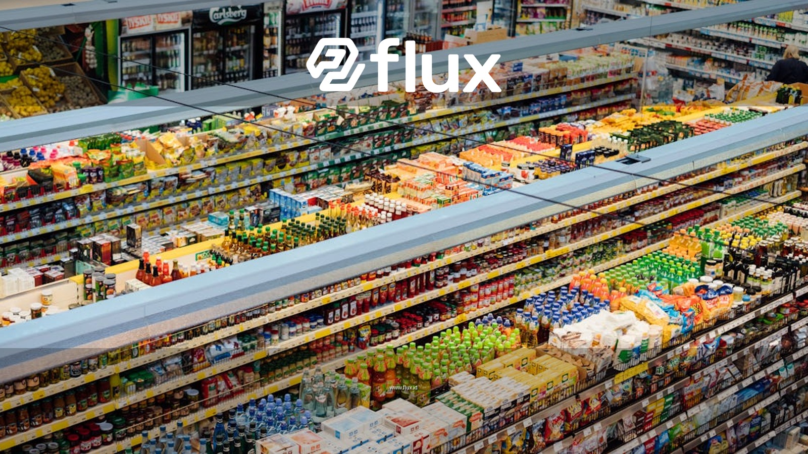 Explore the colorful, fully-stocked shelves of a bustling supermarket from above.