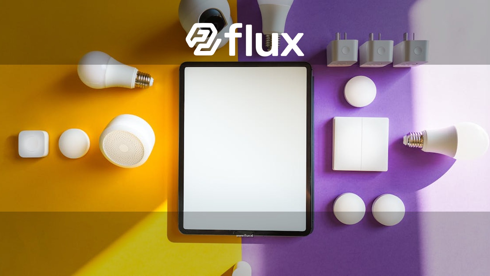 Top view of smart home devices and tablet on split yellow and purple background.