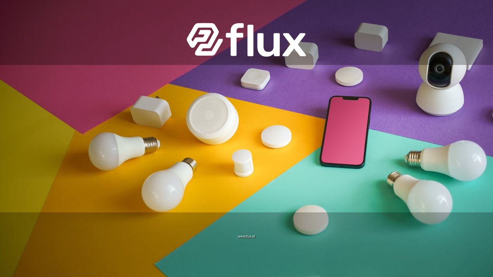 A vibrant display of smart home devices including bulbs, sensors, and a smartphone on a colorful background.