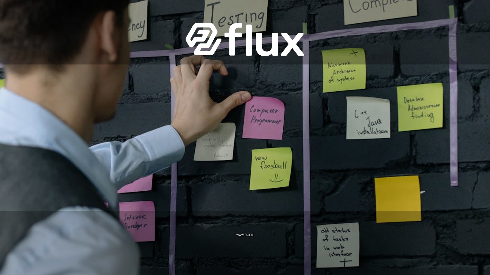 Man organizing project tasks on a wall using sticky notes in a modern office setting.