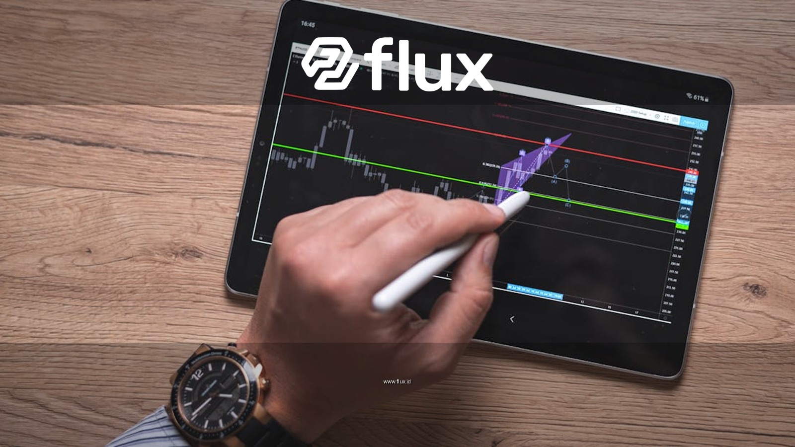 Close-up of a hand using a stylus on a digital trading app on a tablet indoors.