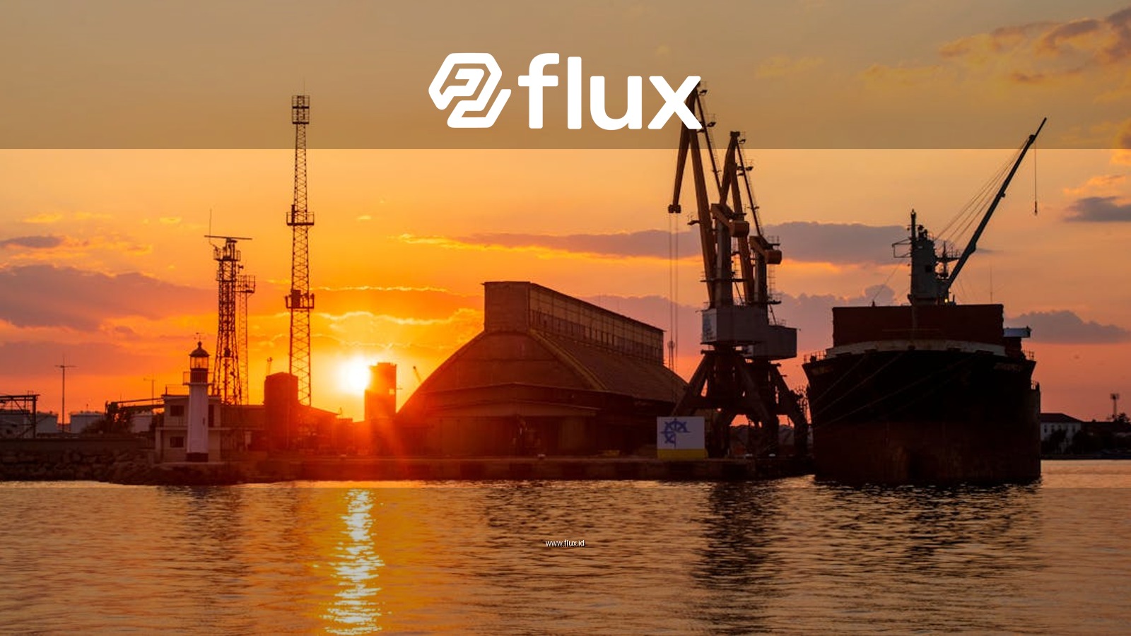 Silhouette of cranes and container ship at harbor during sunset, reflecting on water.