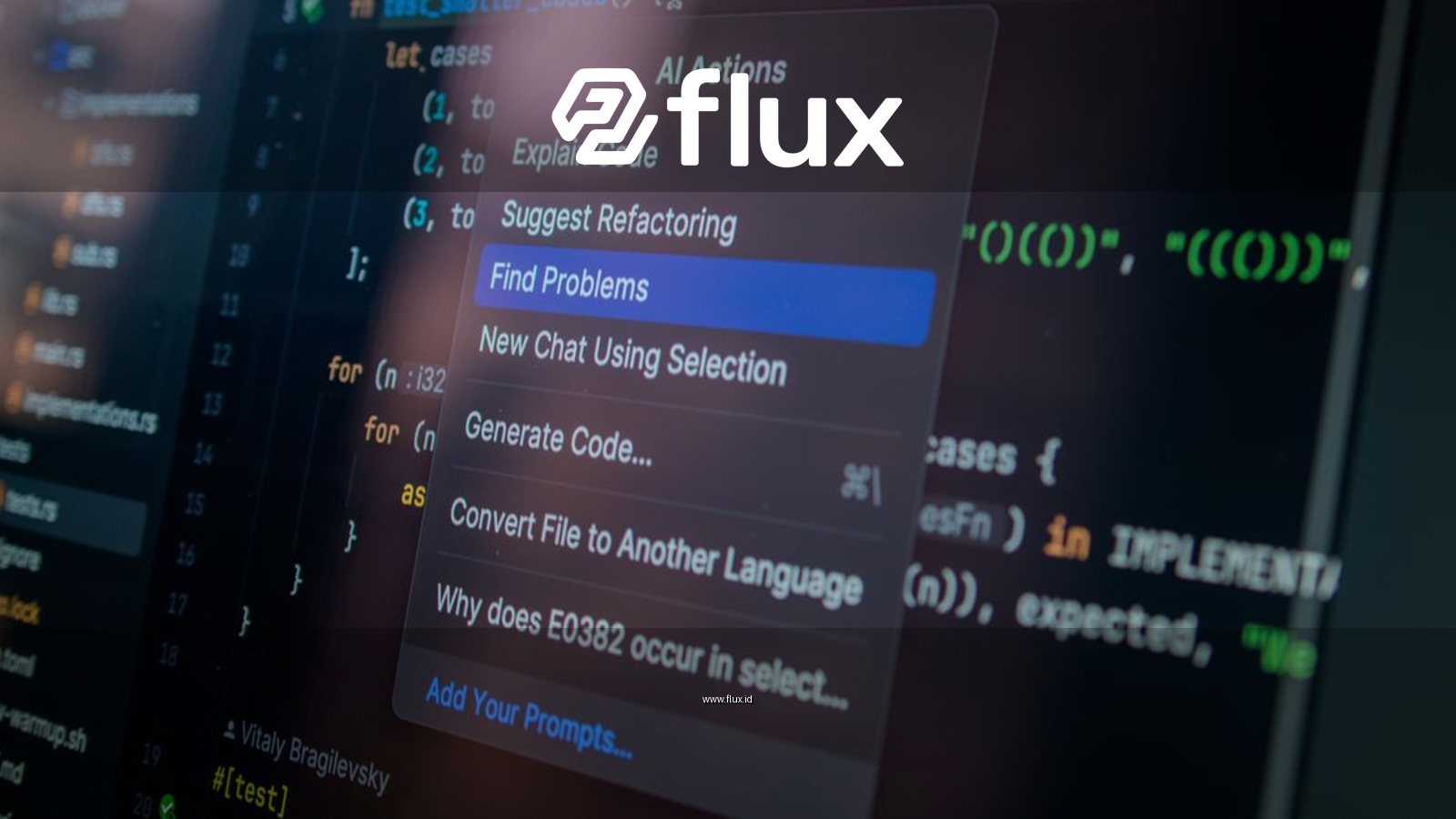 Detailed view of a computer screen displaying code with a menu of AI actions, illustrating modern software development.