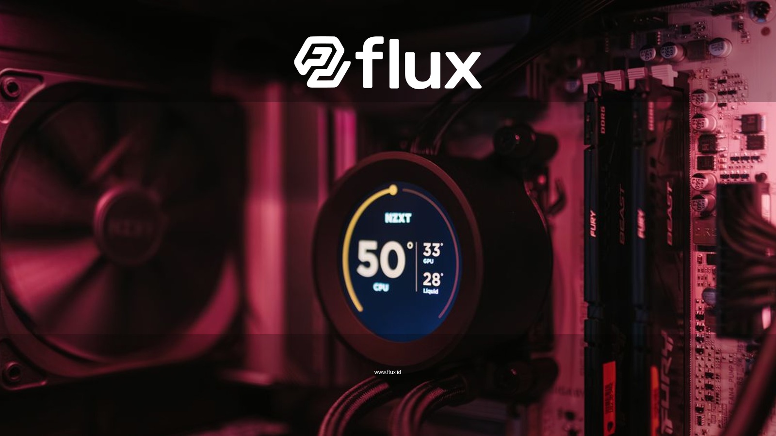 Close-up of a PC cooling system and motherboard, highlighting digital temperature display.