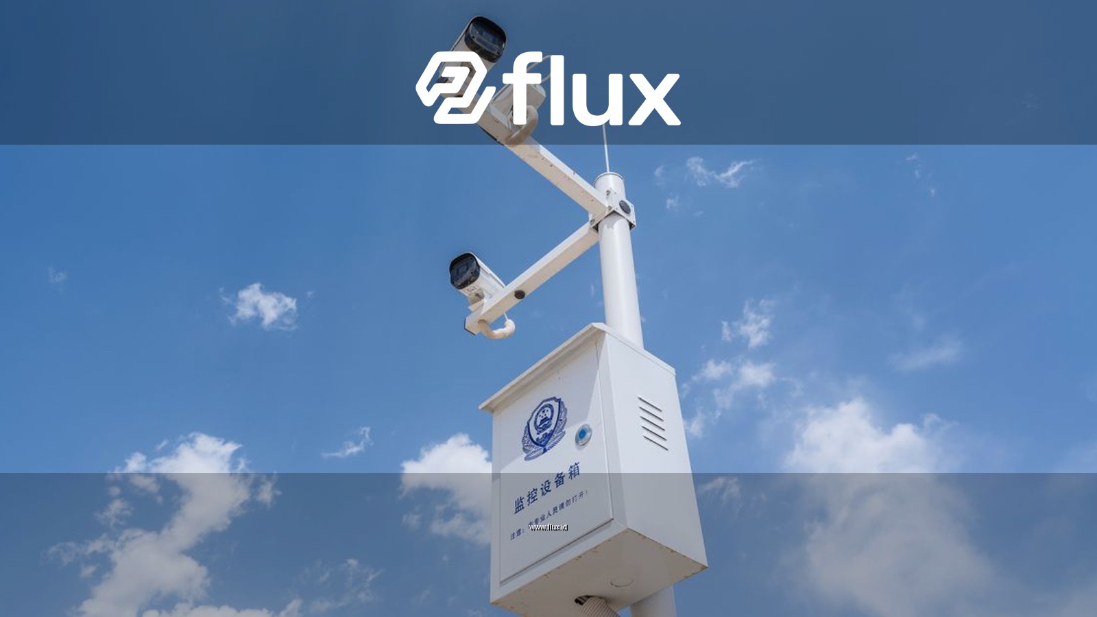 White security cameras mounted on a pole against a bright blue sky with fluffy clouds.