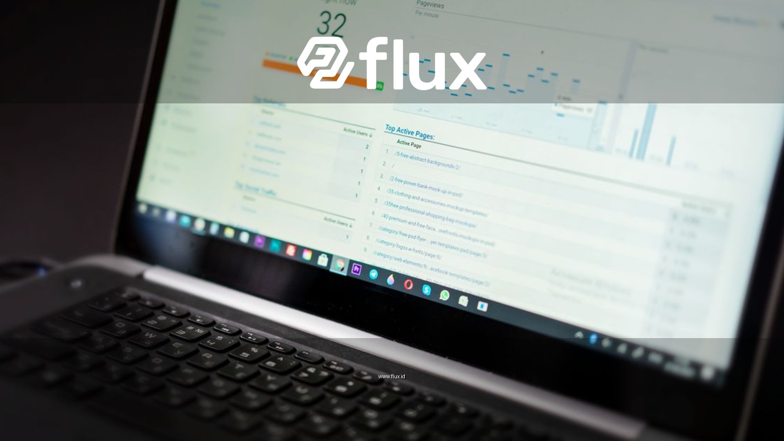 A laptop displaying an analytics dashboard with real-time data tracking and analysis tools.