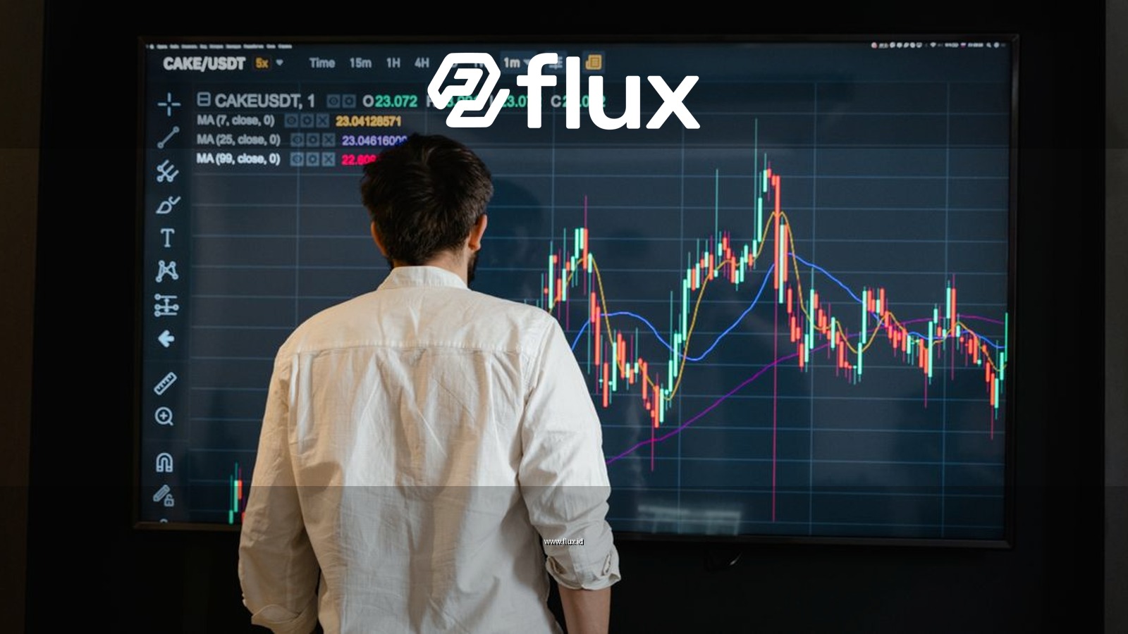 Back view of a trader analyzing cryptocurrency data on a monitor indoors.