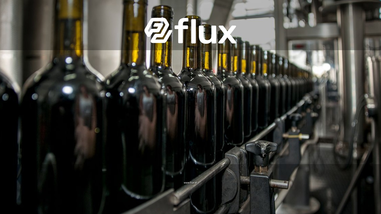 Rows of wine bottles on a production line in an industrial setting.