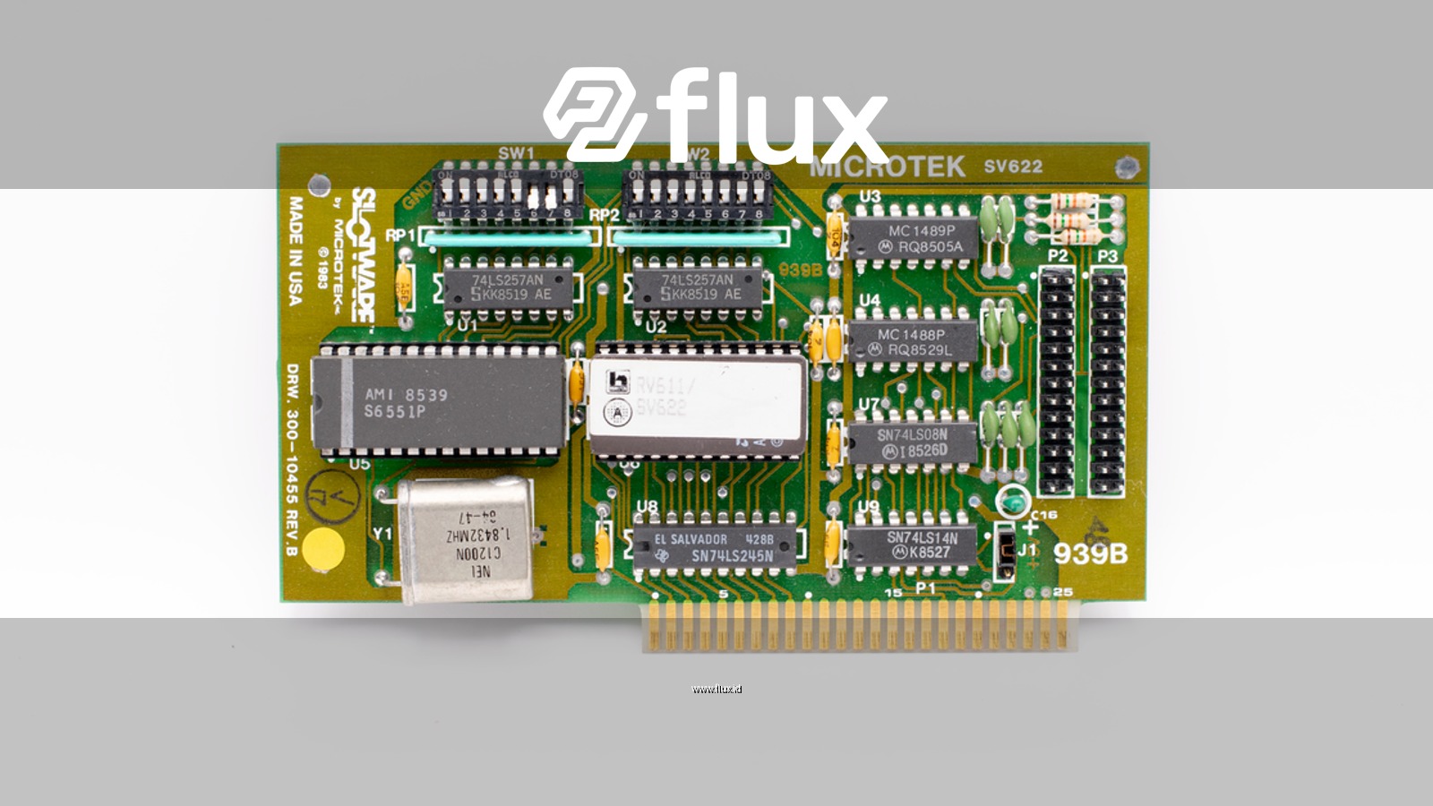 Close-up of a vintage Microtek circuit board, showcasing detailed components and design.